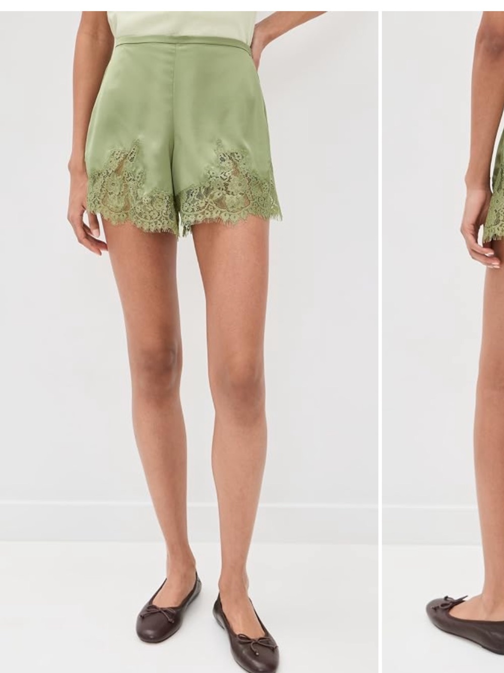 Reformation Olive Lace-Trim High-Waist Satin Shorts